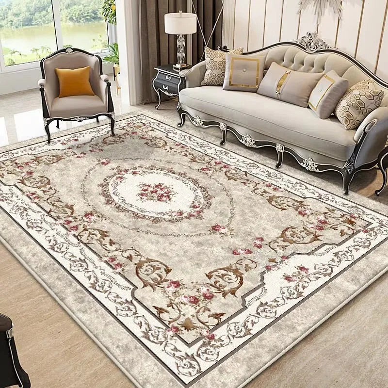 European luxury floral area rug in soft flannel, non-slip large floor mat for living room bedroom
