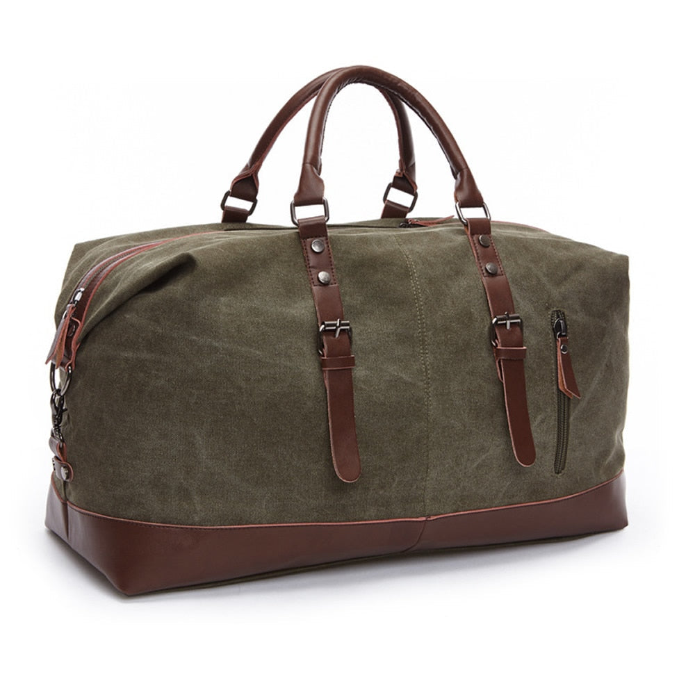 Men's structured leather duffel bag in brown, travel-ready design with secure zip closure compartments
