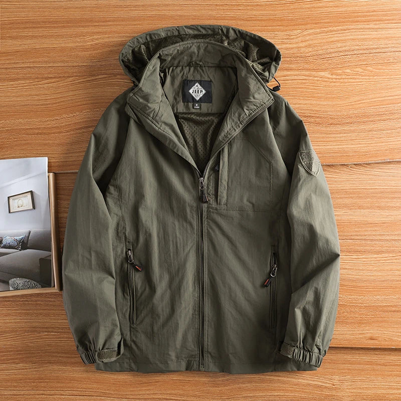 Men's hooded full-zip hip-length hiking jacket, durable all-season outdoor layer with zippered pockets
