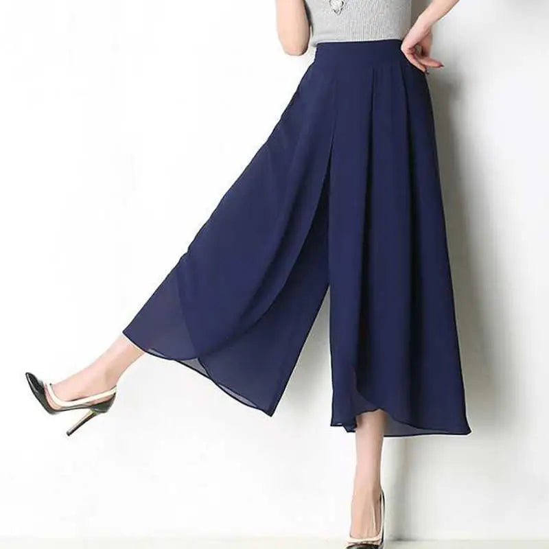 Women's draped culottes flowing layered overlap skirt-like silhouette asymmetrical panels comfortable fit