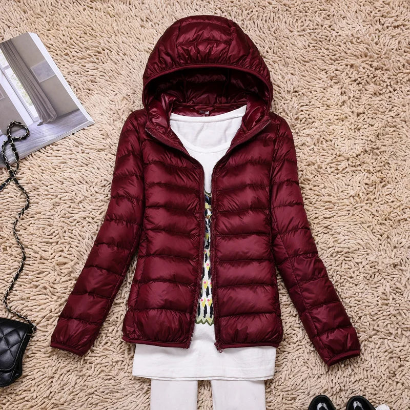 Women's taupe ultralight long packable down jacket with hood, travel-ready everyday warmth