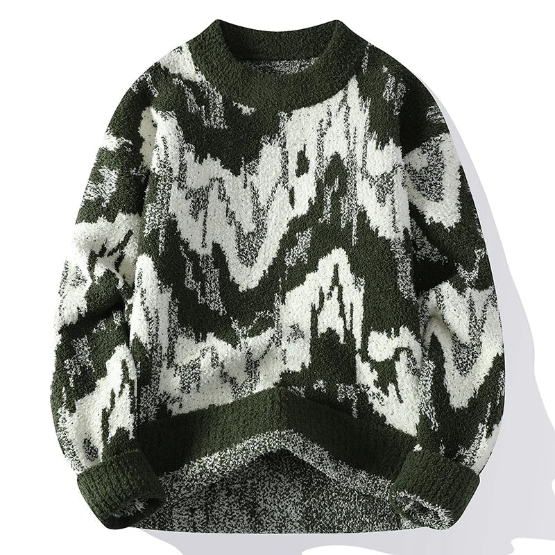 Women's black and white abstract textured knit sweater crew neck mid-weight bold pattern