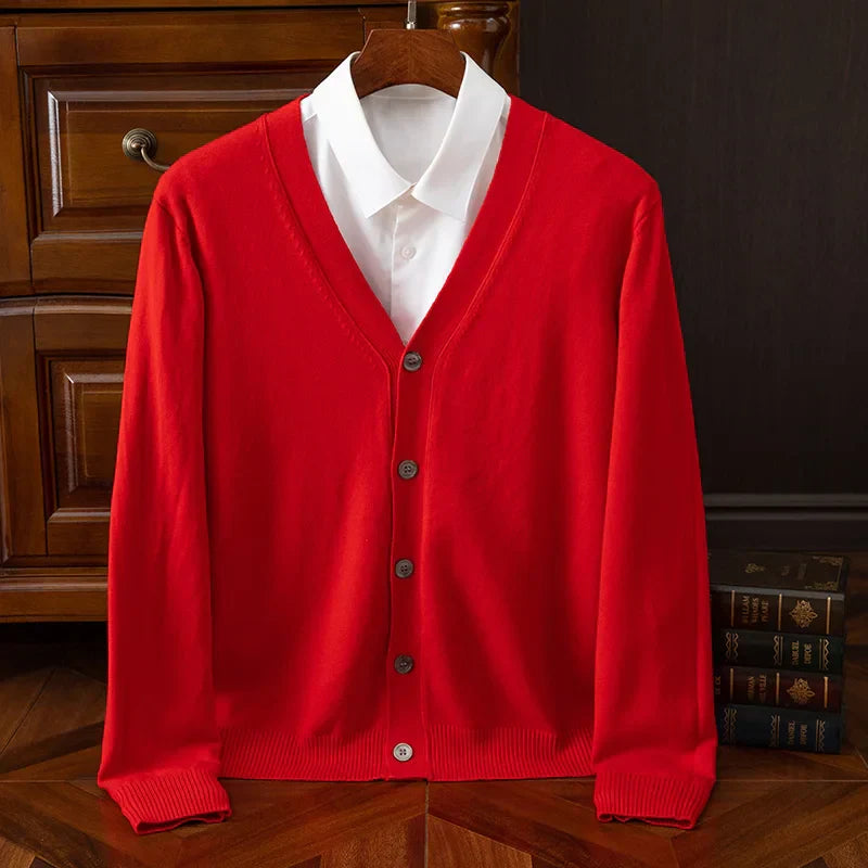 Men's grey cashmere wool blend V-neck cardigan relaxed fit with luxurious soft-touch finish
