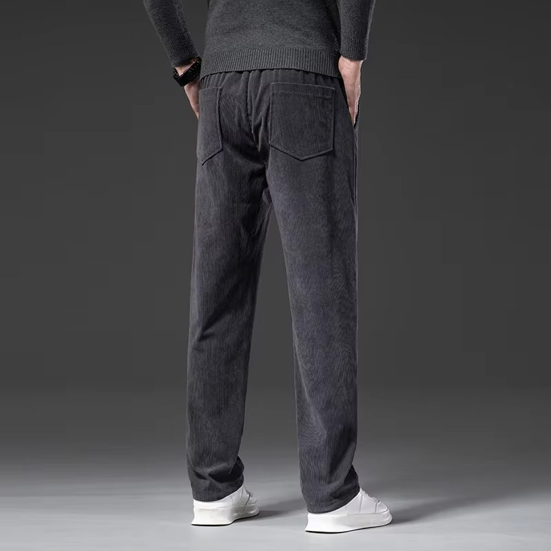Men's corduroy straight-leg pants elastic waist, versatile work trousers in classic ribbed fabric