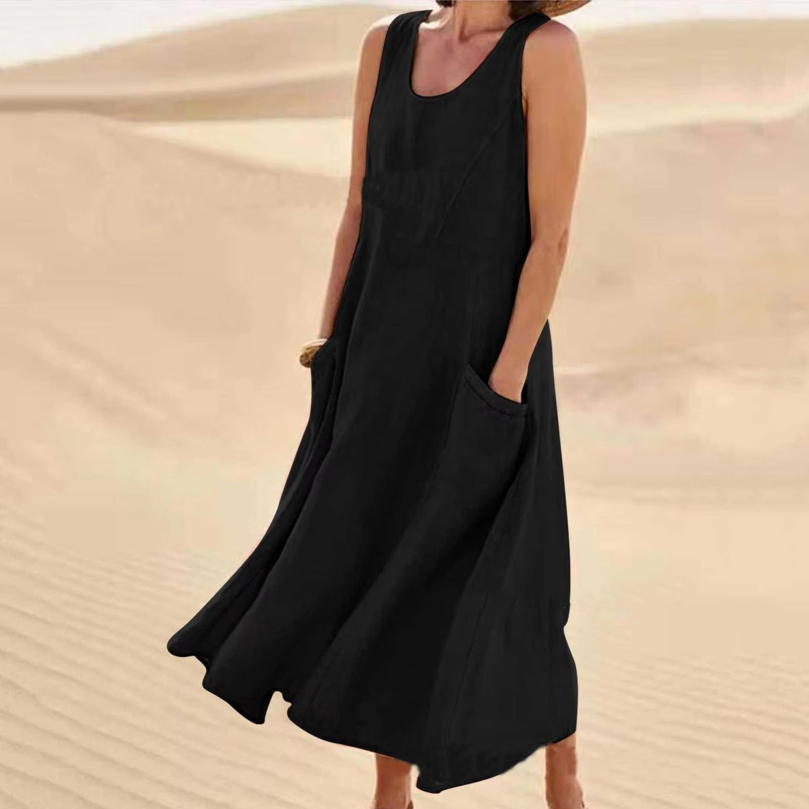 Beige cotton linen maxi sundress sleeveless loose fit with pockets breathable casual beachwear women