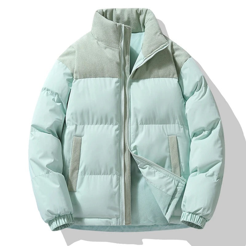 Men's quilted color block puffer jacket relaxed fit stand collar ribbed cuffs all-season warmth