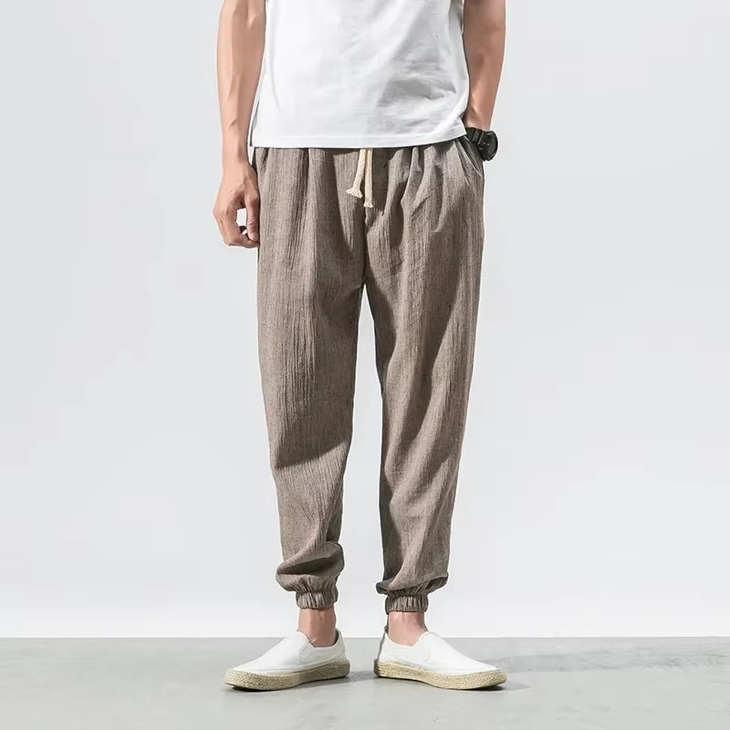 Men's cotton linen relaxed fit harem pants with cuffed ankles in neutral breathable everyday casual style