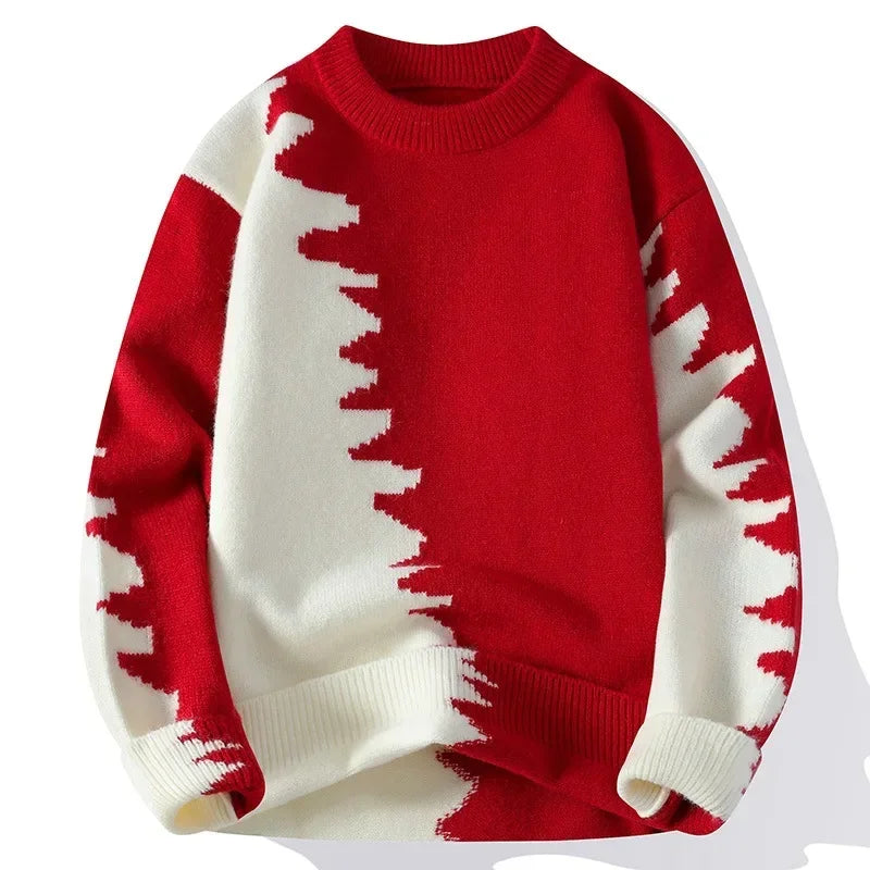 Men's two-tone color block knit sweater relaxed fit with jagged abstract pattern for winter