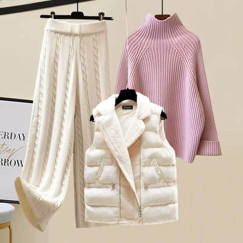 Women's 3-piece knitted sweater set with padded vest, turtleneck pullover, and wide-leg pants