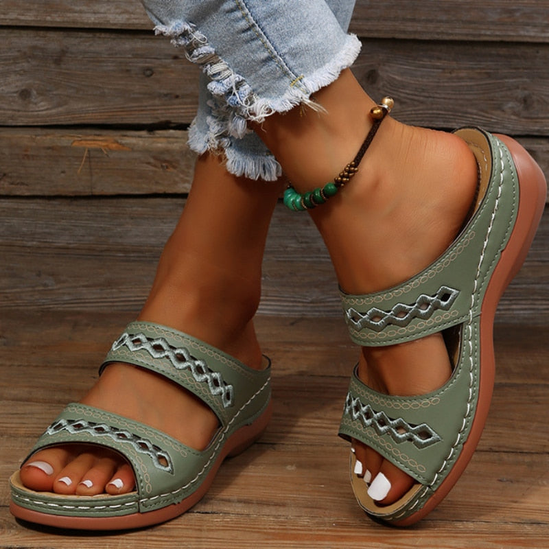 Olive green orthopedic women's sandals double strap with delicate embroidery all-day comfort support