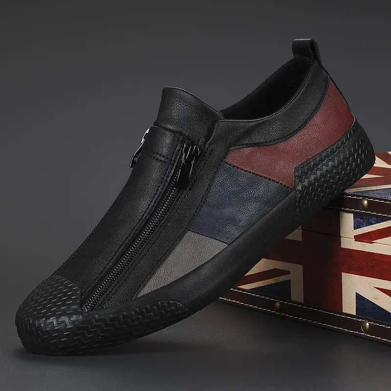 Men's color block slip-on sneakers with side zipper, laceless casual style for everyday comfort