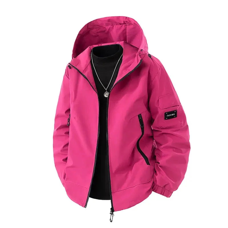 Men's oversized winter ski jacket with hood, structured urban performance style in bold colorblock design