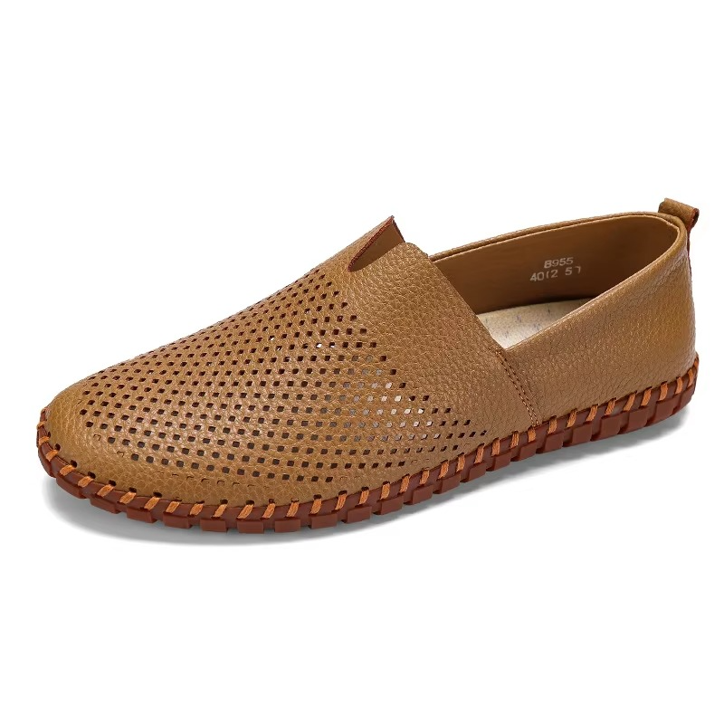 Plus size men's PU leather slip-on loafers handmade breathable smart-casual brown wide fit