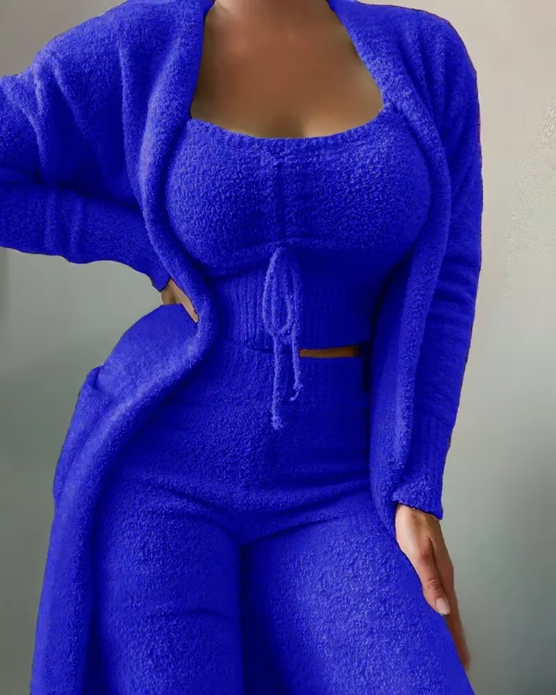 Women's 3-piece plush pajama set cozy crop top pants coat soft luxurious loungewear