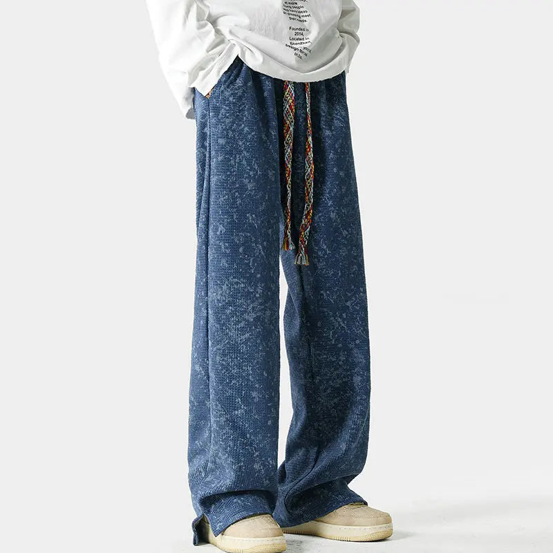 Acid wash unisex loose fit sweatpants wide leg split hem braided drawstring streetwear vintage style