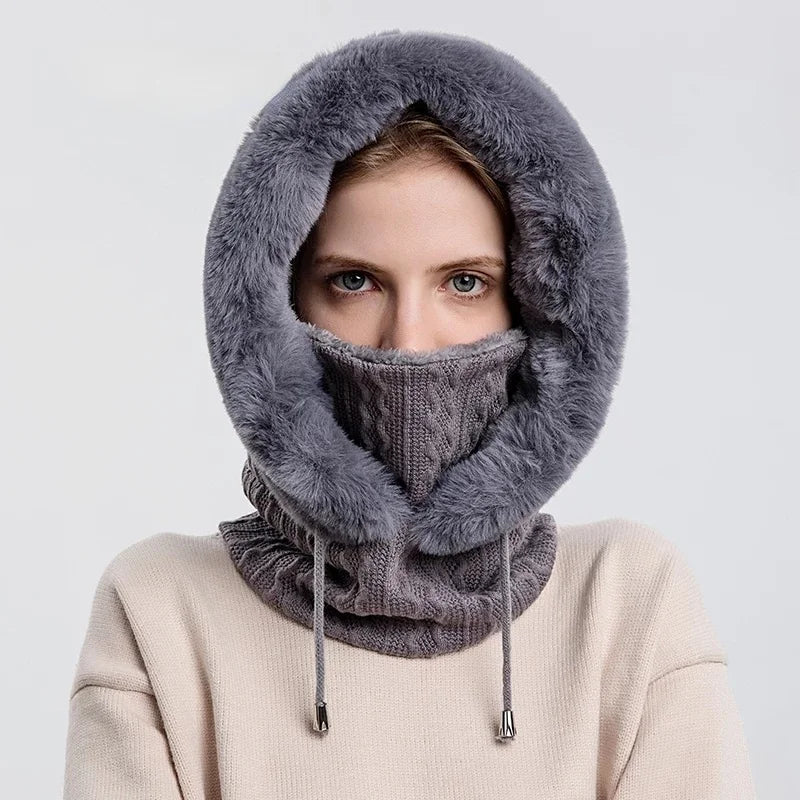 Women's cable knit balaclava with faux fur trim, drawstring high neck, cozy fitted winter warmth