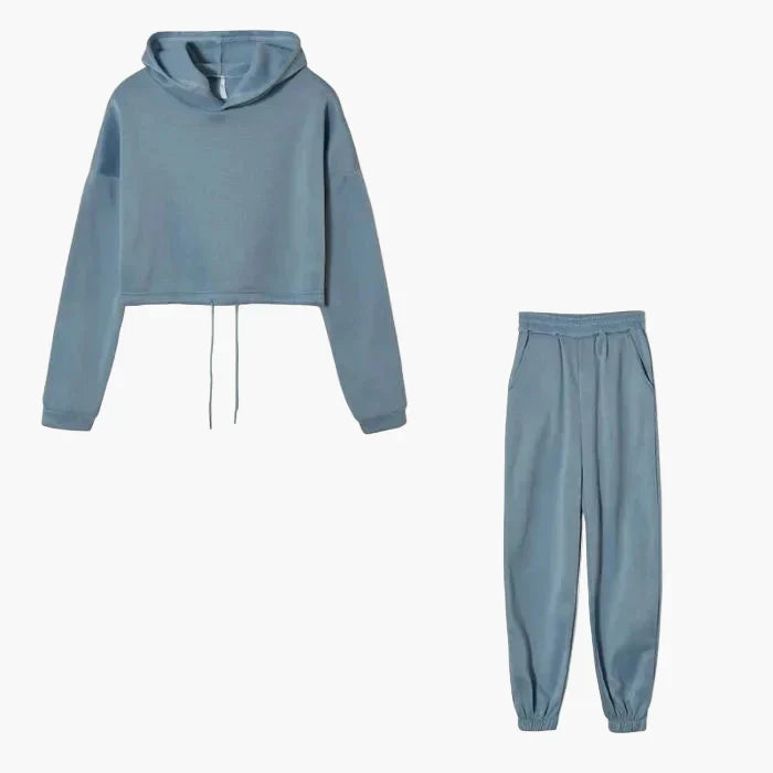 Women's two-piece lounge set cropped hoodie and joggers cozy streetwear coordinated casual comfort