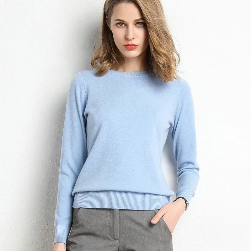 Women's slim fit ribbed knit wool blend sweater with O neckline in cozy everyday essential style