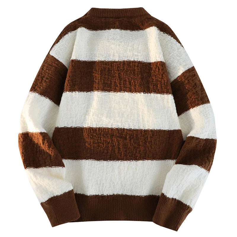 Black and white bold stripe oversized knit sweater, relaxed fit streetwear layering essential for men