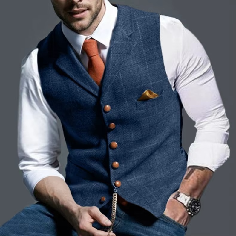 Men's tweed striped waistcoat slim-fit formal vest with heritage fabric texture for business and weddings