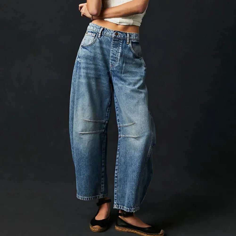 Women's relaxed barrel leg jeans in animal print full-length denim with belt loops and button closure