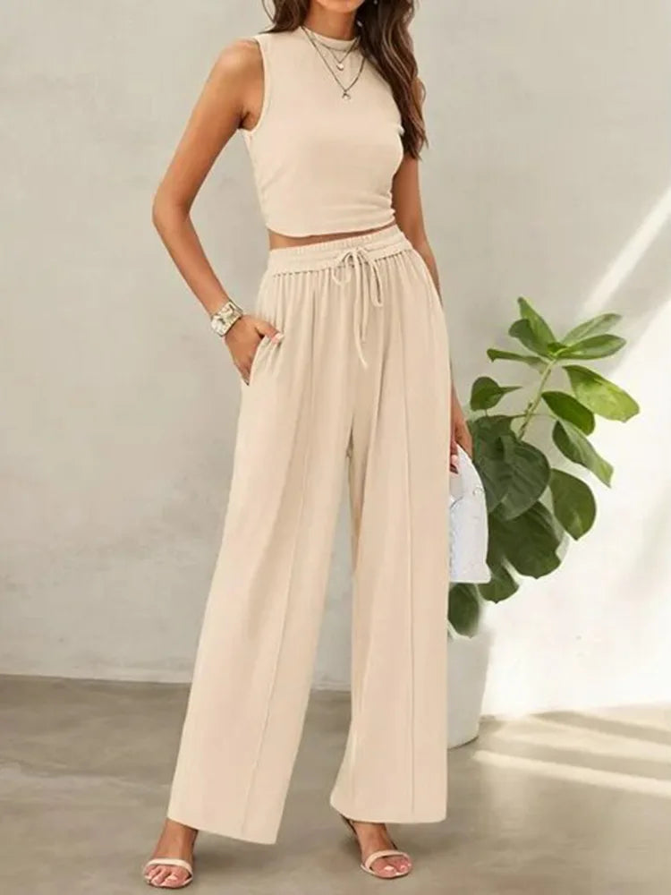 Women's lightweight two-piece pants set sleeveless top relaxed trousers breathable polyester travel outfit