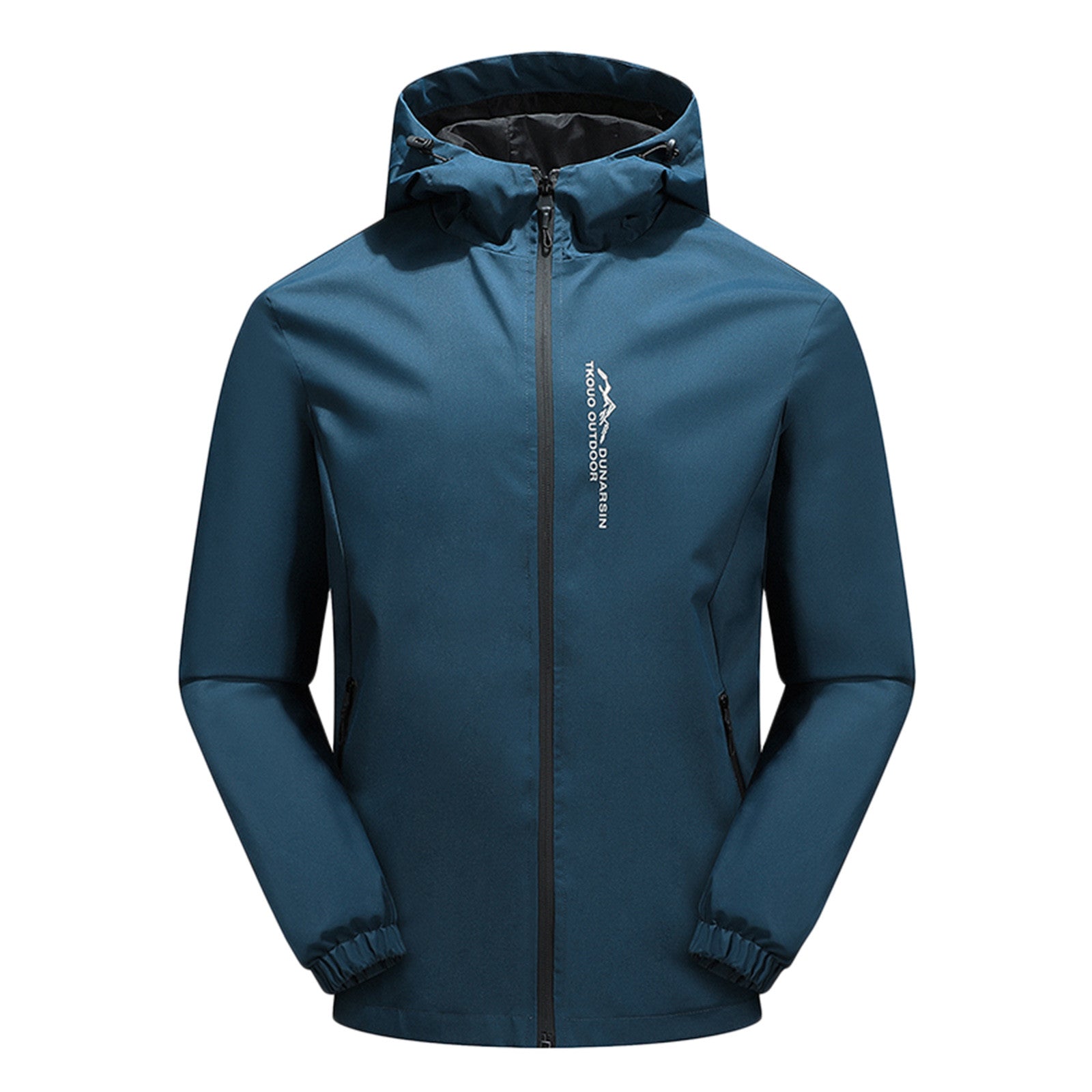 Men's black hooded softshell jacket full-zip hip-length regular fit for outdoor winter activities