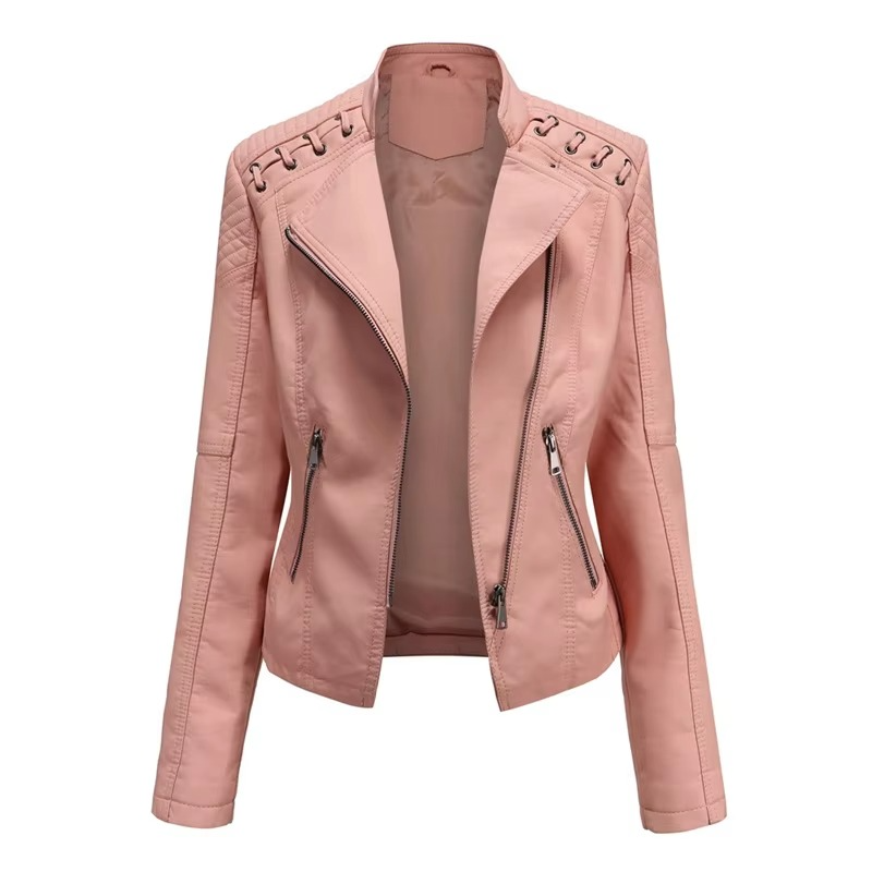 Women's black PU leather motorcycle jacket slim fit short cut with bold zipper detail