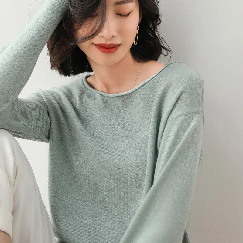 Women's mist blue fine-gauge knit top breathable cotton blend lightweight layering essential