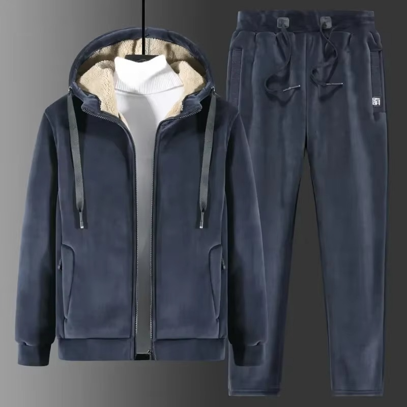 Men's premium cashmere fleece tracksuit set with thick hooded jacket and pants for winter warmth