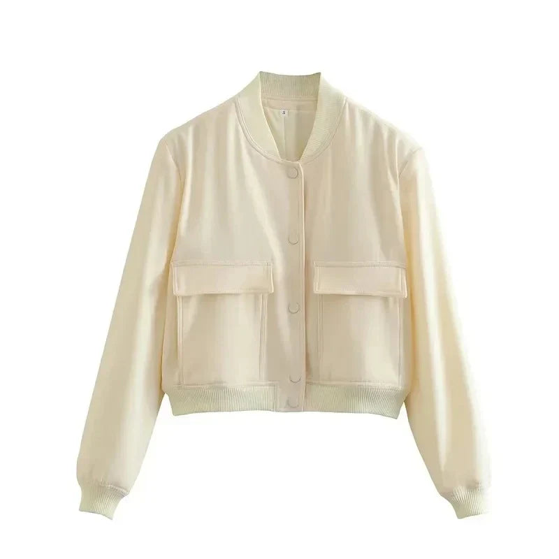 Women's black cropped bomber jacket with baseball collar and snap buttons, streetwear style