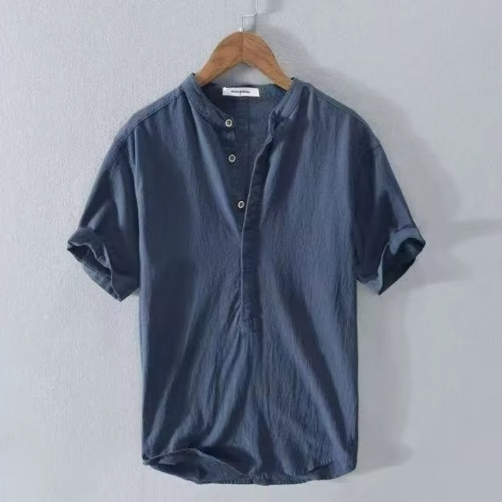 Men's cotton linen short sleeve shirt relaxed fit turn-down collar breathable beachwear casual top