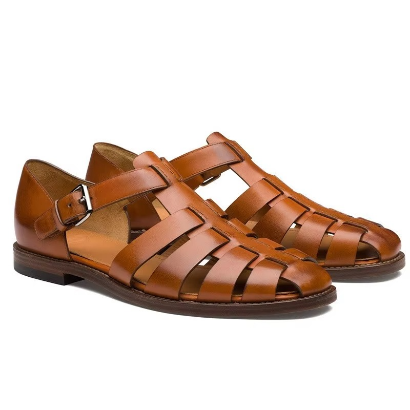 Men's brown leather dress sandals woven strap formal outdoor summer style breathable open-toe design