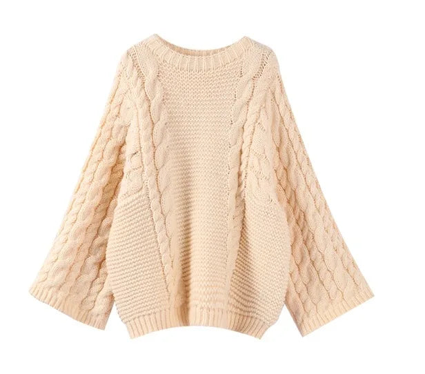 Women's oversized cable knit sweater round neck cozy chic loose silhouette everyday essential