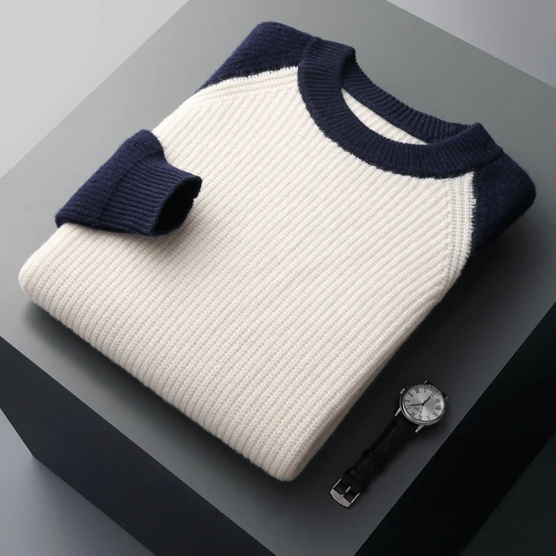 Men's two-tone knit sweater light ribbed body dark contrast sleeves crew neck smart-casual fit
