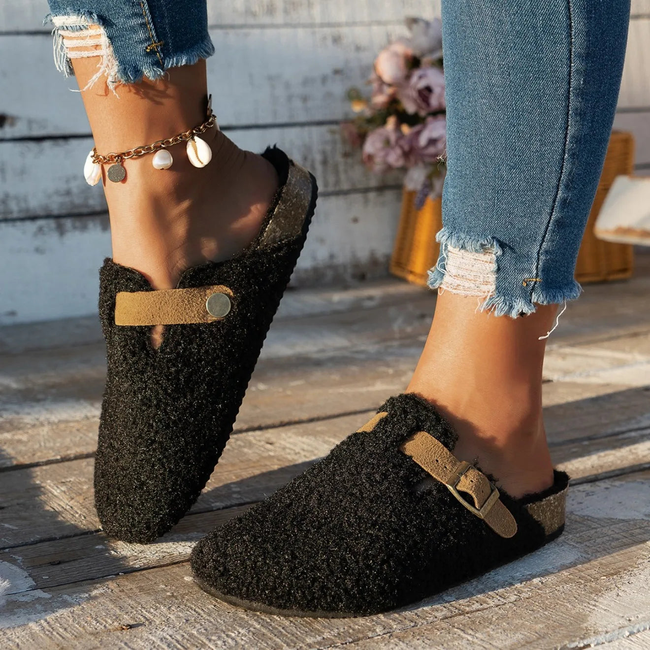 Hemingway sherpa lounge slippers in neutral tones with buckle accent and supportive cushioned sole