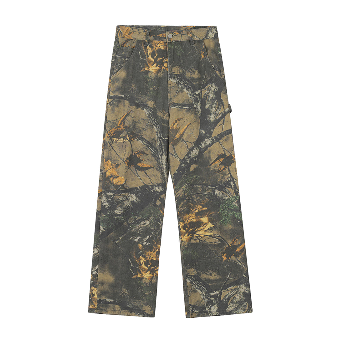 Loose fit camouflage denim jeans bold maple leaf pattern distressed pink green street style