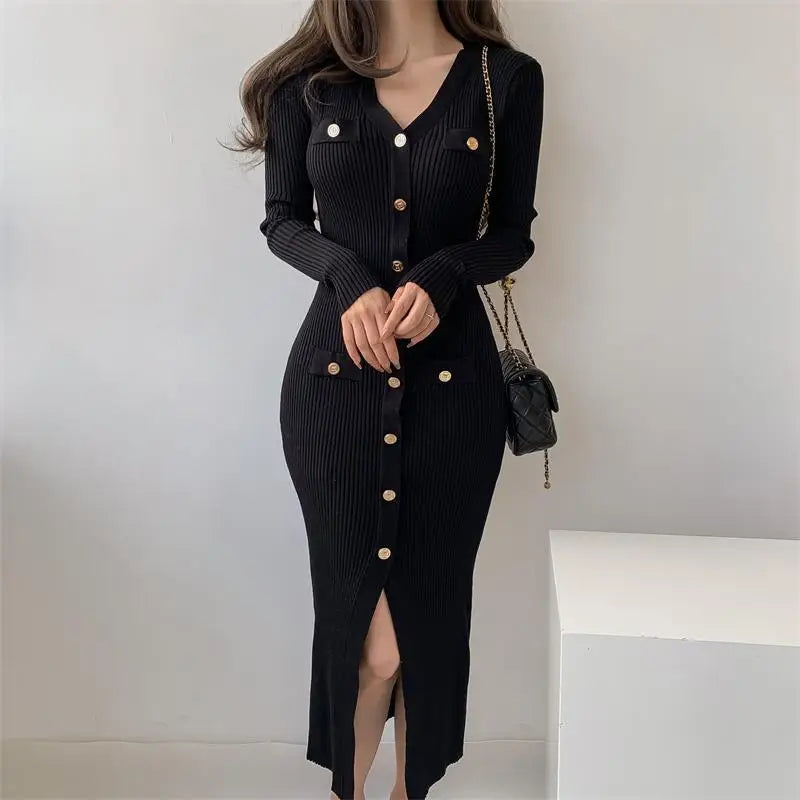 Women's slim fit midi knit dress in versatile style, knee-length silhouette perfect for desk-to-dinner elegance