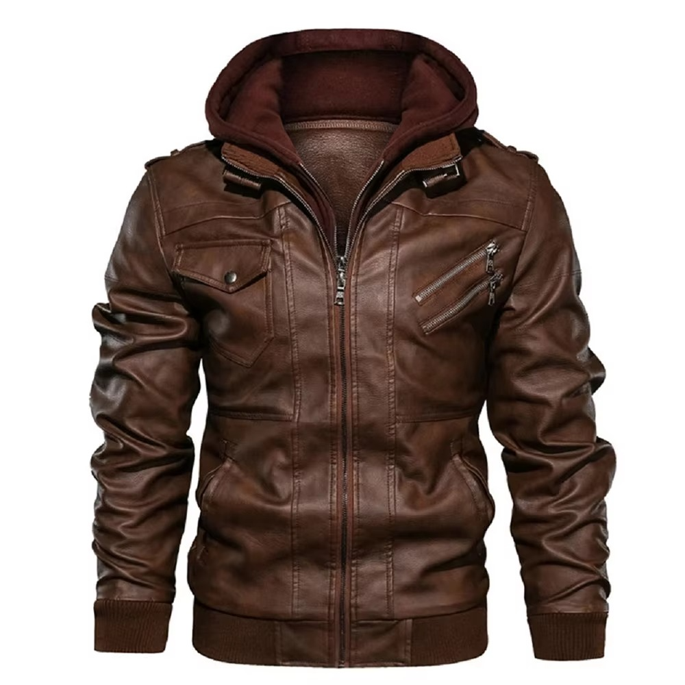 Men's black PU leather motorcycle jacket with removable hood, full-zip closure, urban biker style