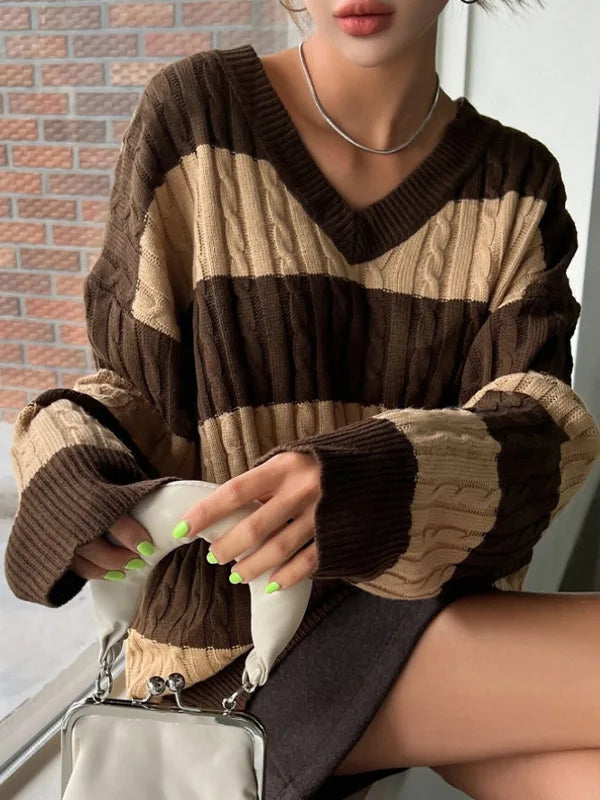 Violet oversized cable knit sweater women retro fit bold color blocks breathable dense cozy warmth