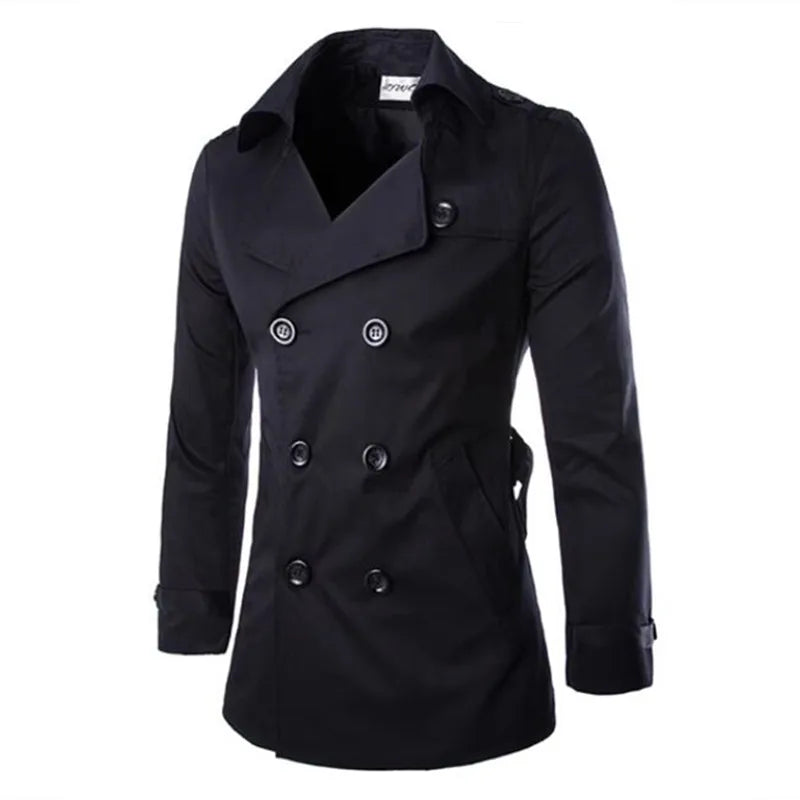 Men's slim fit mid-length trench coat tailored silhouette, classic beige with modern sharp cut