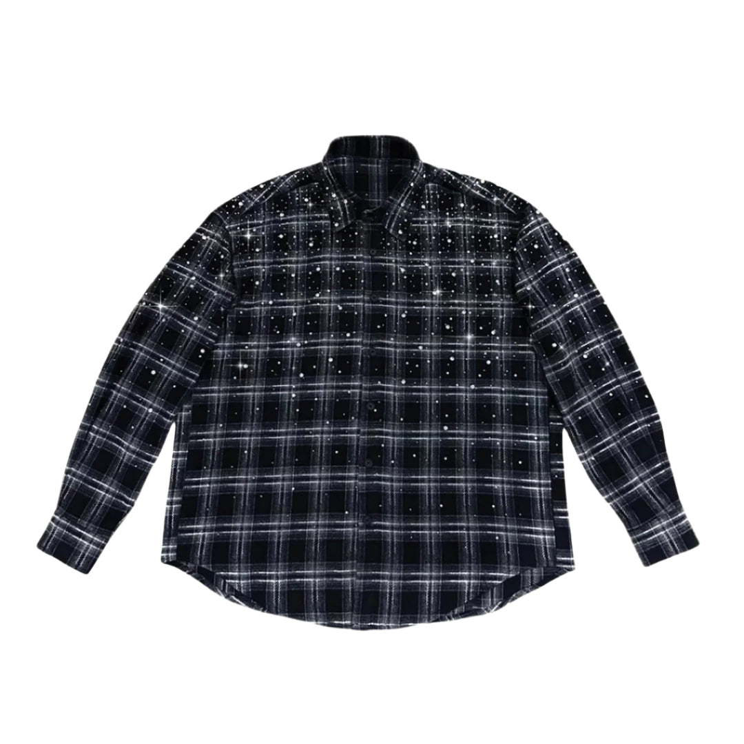 Women's lightweight plaid flannel shirt in midnight tones with hand-set rhinestone embellishments
