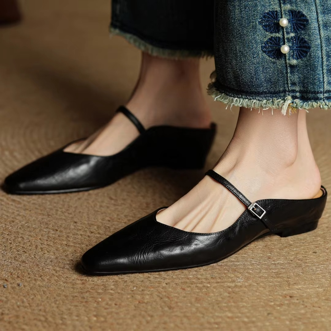Women's genuine cow leather pointed toe Mary Jane wedge flats with slip-on design for all-day comfort