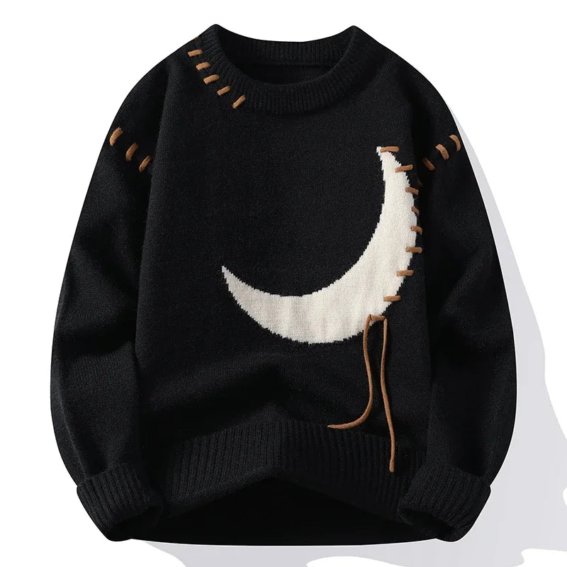 Women's cream knit crew neck sweater with crescent moon graphic and textured stitch detailing