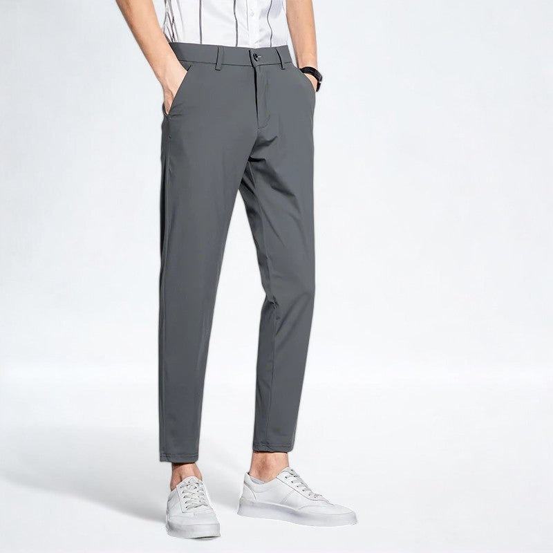 Men's navy stretch pants slim fit elastic waistband versatile office sport leisure comfort