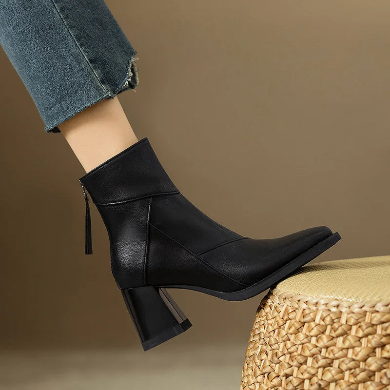 Women's black faux leather ankle boots fitted block heel square toe everyday elegance