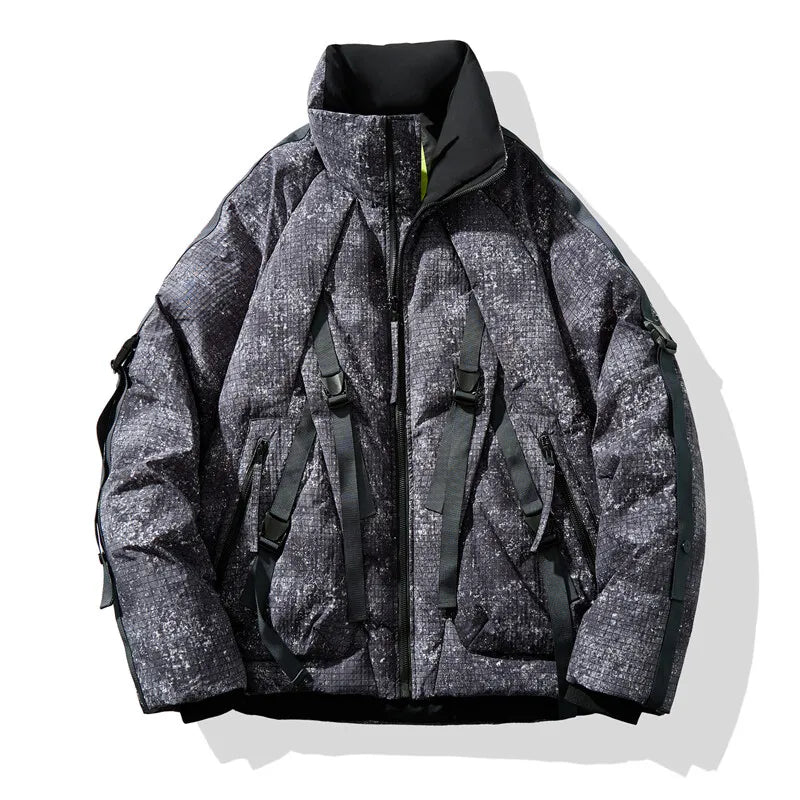 Urban pixel camo puffer jacket water-repellent down insulated loose-cut techwear silhouette