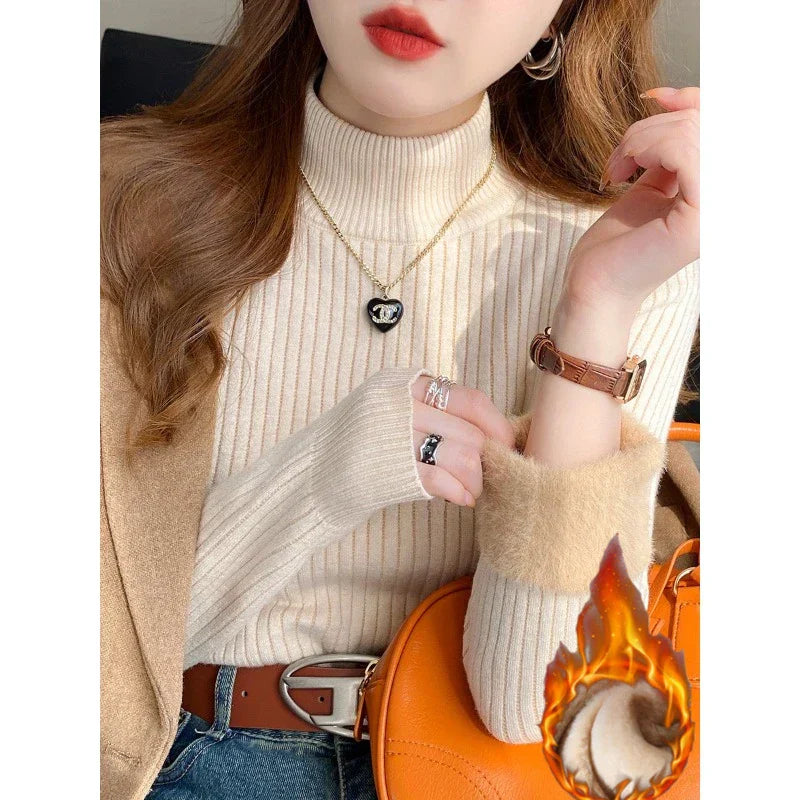 Women's slim fit ribbed knit turtleneck sweater with velvety cuffs and long sleeves