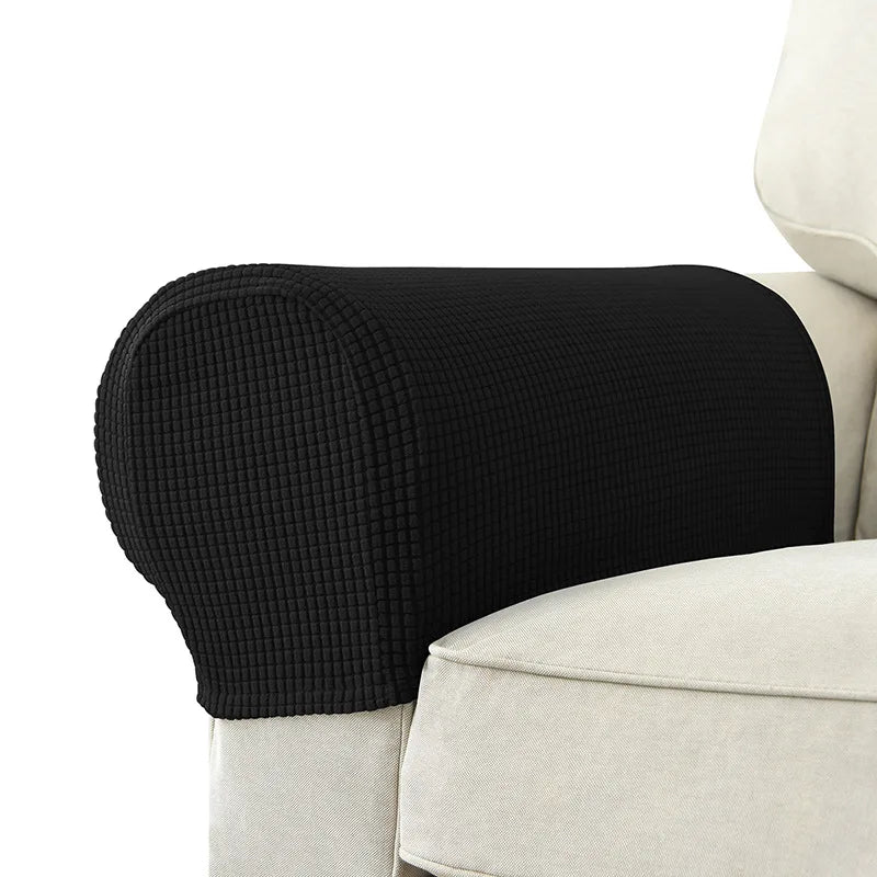 Gray textured stretch armrest cover for sofas, modern quilted design with waterproof spill protection