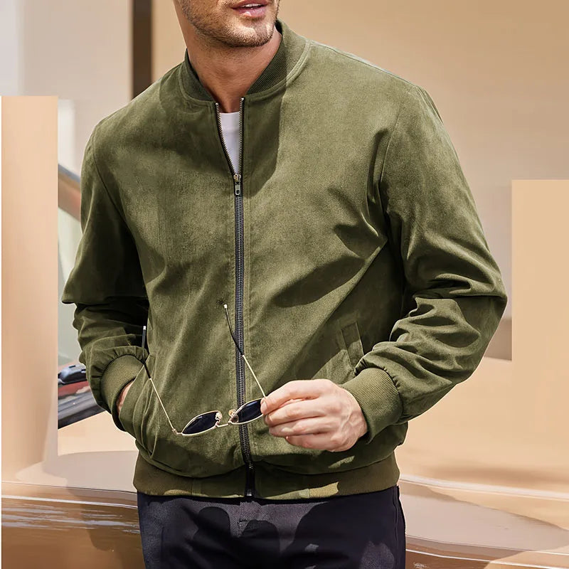 Men's slim fit suede bomber jacket in classic tone with luxurious textured finish and tailored cut